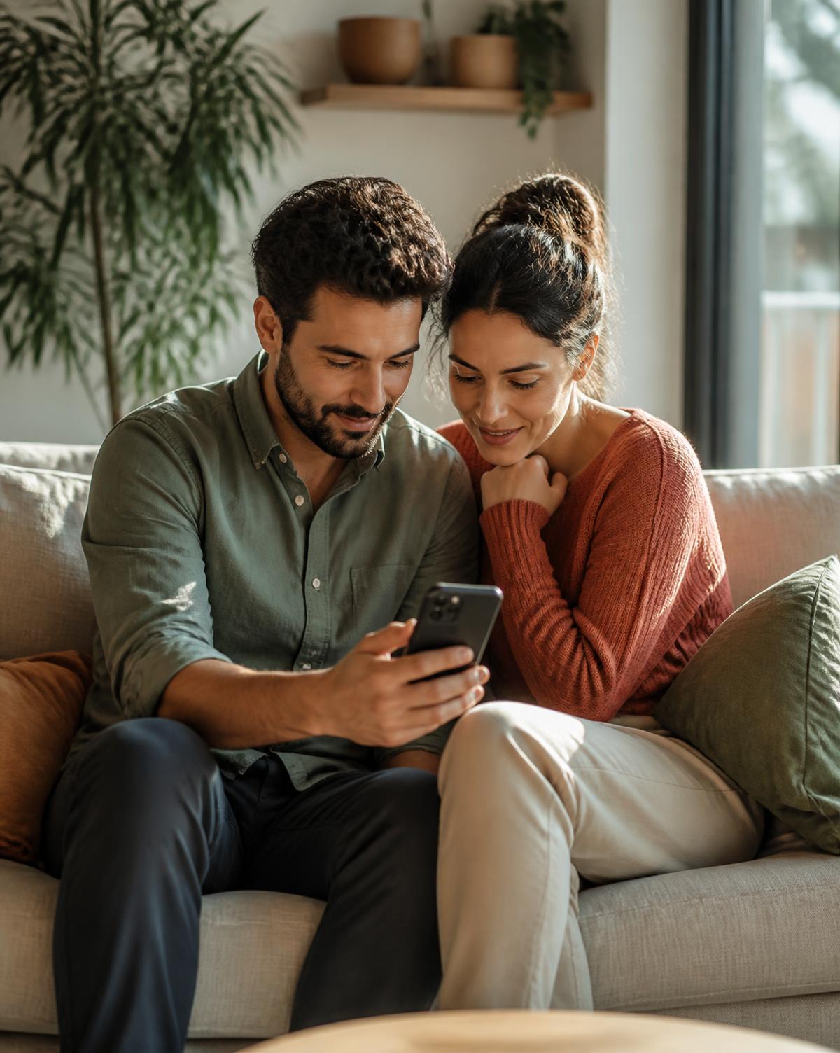 A couple sitting together on a sofa, looking calmly at a phone they are holding between them