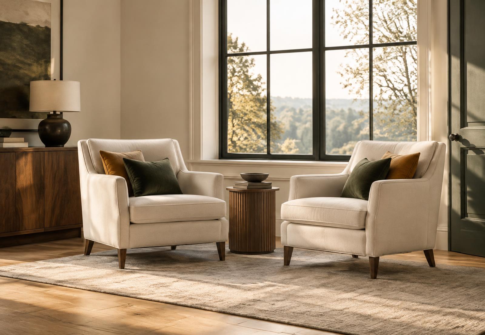 Two cream armchairs angled toward each other beside a window